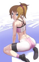 Rule 34 | 1girl, ass, bare shoulders, bike shorts, blue eyes, breasts, brown hair, closed mouth, commentary request, gundam, gundam build fighters, gundam build fighters try, highres, hoshino fumina, looking at viewer, midriff, ponytail, scrunchie, short hair, solo, sports bra, turiganesou800, two-tone sports bra