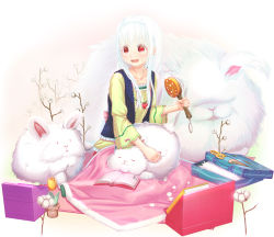 Rule 34 | 1girl, :d, aiuabo, albino, angora rabbit, animal, blanket, book, brushing, child, collarbone, comb, commentary request, flower, green shirt, hair brush, hairband, long hair, long sleeves, open book, open mouth, original, plant, potted plant, rabbit, red eyes, scissors, shirt, sitting, smile, solo, tulip, vest, white hair, yellow flower, yellow shirt
