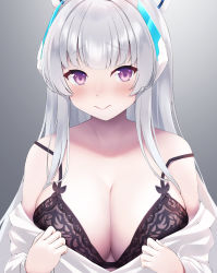 Rule 34 | 1girl, absurdres, bare shoulders, black bra, blue archive, blush, bra, breasts, cleavage, grey hair, halo, headgear, highres, lace, lace-trimmed bra, lace trim, large breasts, lingerie, long hair, long sleeves, looking at viewer, noa (blue archive), off shoulder, purple eyes, simple background, smile, solo, spaghetti strap, strap slip, tousaki (tousakiworks), underwear, undressing