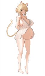 Rule 34 | 1girl, absurdres, animal ear fluff, animal ears, areola slip, arms behind back, babydoll, blonde hair, blush, breasts, cat ears, cat girl, cat tail, closed mouth, collarbone, covered erect nipples, full body, green eyes, groin, highres, large areolae, large breasts, large nipples, looking at viewer, majo (pastamajo), original, outie navel, panties, pregnant, pubic hair, pubic hair peek, puffy nipples, see-through, shiny skin, short hair, smile, solo, standing, tail, thighs, underwear, white background