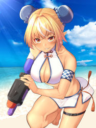 Rule 34 | 1girl, alternate hairstyle, armband, barefoot, beach, bikini, blonde hair, breasts, bun cover, center opening, cleavage, cleavage cutout, clothing cutout, cloud, crossed bangs, dark-skinned female, dark skin, day, double bun, elf, hair between eyes, hair bun, halterneck, highres, holding, holding water gun, hololive, large breasts, light rays, long hair, looking at viewer, mikan (chipstar182), miniskirt, multicolored hair, outdoors, pointy ears, red eyes, shiranui flare, shiranui flare (old design), side slit, skirt, sky, solo, streaked hair, super soaker, swimsuit, thigh strap, virtual youtuber, water gun, white bikini