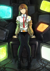 Rule 34 | 1girl, bad id, bad pixiv id, belt, blue eyes, boots, brown hair, jacket, pantyhose under shorts, long hair, makise kurisu, necktie, pantyhose, red necktie, seafh, shorts, sitting, solo, steins;gate, television