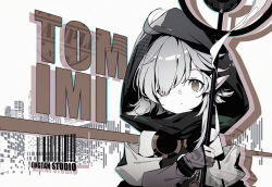 Rule 34 | 1girl, arknights, bare shoulders, brown eyes, character name, closed mouth, gloves, goggles, goggles around neck, grey background, grey gloves, grey hair, hair over one eye, holding, holding staff, hood, hood up, jacknavy, partially fingerless gloves, pointy ears, sample watermark, solo, staff, tomimi (arknights), upper body, watermark
