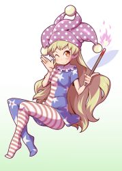 Rule 34 | 1girl, ;&gt;, american flag dress, american flag legwear, blonde hair, clownpiece, dress, fairy wings, fire, full body, gradient background, green background, hat, index finger raised, jester cap, long hair, looking at viewer, maru-sun, neck ruff, one eye closed, pantyhose, polka dot, red eyes, short dress, short sleeves, sitting, smile, solo, star-shaped pupils, star (symbol), star print, striped clothes, striped dress, striped pantyhose, symbol-shaped pupils, torch, touhou, very long hair, white background, wings