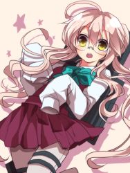 Rule 34 | 10s, 1girl, ahoge, bad id, bad pixiv id, glasses, hands in opposite sleeves, kantai collection, long hair, looking at viewer, machinery, makigumo (kancolle), open mouth, pantyhose, pink hair, ribbon, sakura (lilak a), sleeves past wrists, solo, star (symbol), wavy hair, yellow eyes