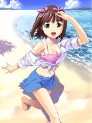 Rule 34 | 1girl, amami haruka, barefoot, beach, breasts, brown hair, camisole, cleavage, day, front-tie top, green eyes, hair ribbon, idolmaster, idolmaster (classic), jiyuuyuu, midriff, navel, off shoulder, outdoors, ribbon, sand, shirt, short hair, skirt, sleeves rolled up, solo, tied shirt, water, wind