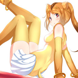 Rule 34 | 10s, 1girl, :o, anklet, bad id, bad pixiv id, bangle, blush, bracelet, brown hair, circlet, elbow gloves, from side, gloves, golden snub-nosed monkey (kemono friends), highres, jewelry, kemono friends, long hair, looking at viewer, miniskirt, monkey tail, numpopo, pleated skirt, ponytail, red eyes, skirt, sleeveless, solo, tail, thighhighs, white skirt, yellow gloves, yellow thighhighs, zettai ryouiki