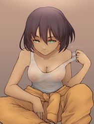 Rule 34 | 1girl, absurdres, blush, breasts, brown hair, cleavage, closed mouth, collarbone, covered erect nipples, girls und panzer, green eyes, highres, hoshino (girls und panzer), jumpsuit, large breasts, looking at viewer, m1saki 1, see-through, short hair, sitting, solo, sweat, tank top, wet, wet clothes, white tank top