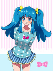 Rule 34 | 10s, 1girl, alternate hairstyle, blue eyes, blue hair, blue shirt, blue skirt, blush, casual, eyelashes, fashion, female focus, grin, hair ornament, hair ribbon, happinesscharge precure!, happy, kagami chihiro, long hair, looking at viewer, matching hair/eyes, precure, ribbon, shirayuki hime, shirt, skirt, smile, solo, standing, twintails