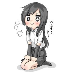Rule 34 | + +, 10s, 1girl, :&gt;, arm warmers, asashio (kancolle), bad id, bad twitter id, black eyes, black hair, black skirt, black socks, blush, closed mouth, collared shirt, commentary request, ebifurya, eyebrows, full body, hands on own thighs, highres, inactive account, kantai collection, long hair, pleated skirt, seiza, shadow, shirt, short sleeves, simple background, sitting, skirt, socks, solo, sparkling eyes, translation request, white background, white shirt