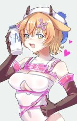 Rule 34 | 1girl, animal ears, blonde hair, blue eyes, bottle, breasts, cleavage, clothing cutout, cow ears, cow horns, elbow gloves, gloves, hat, heart, highres, horns, large breasts, leotard, lolitamomoya, milk bottle, multicolored eyes, open mouth, original, smile, solo, thumbs up, underboob cutout, upper body, white leotard, yellow eyes