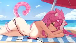 1girl beach_umbrella bikini breasts commentary english_commentary eyewear_on_head full_body highres hololive hololive_english large_breasts long_hair looking_at_viewer lying navel nipples on_side panther_ears panther_girl panther_tail pink_bikini pink_hair raora_panthera smile solo swimsuit telomere thigh_strap umbrella virtual_youtuber wardrobe_malfunction yellow_eyes