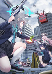 Rule 34 | 4girls, ahoge, aiming, aircraft, animal ear fluff, animal ears, assault rifle, battle, beretta 1301, beretta ar70/90, black hair, black jacket, black skirt, blazer, blue archive, blue eyes, blue necktie, blue scarf, blurry, bow, brown hair, building, car, cardigan, cat ears, cat girl, cloud, cloudy sky, collared shirt, commentary request, depth of field, drone, estrella (uypu4574), extra ears, firing, gatling gun, gloves, grey hair, gun, hair between eyes, hair bow, hair bun, hair ribbon, halo, hand gesture, helicopter, highres, holding, holding gun, holding weapon, hoshino (blue archive), id card, jacket, knee pads, kneehighs, long hair, long sleeves, m134 minigun, medium hair, motor vehicle, multiple girls, necktie, nonomi (blue archive), open cardigan, open clothes, outdoors, pink hair, plaid, plaid skirt, pleated skirt, profile, red eyes, ribbon, rifle, scarf, school uniform, serika (blue archive), shiroko (blue archive), shirt, shoes, shoulder strap, sidelocks, sig sauer 556, single glove, single side bun, skirt, sky, skyscraper, sneakers, socks, squatting, taking cover, twintails, two-tone gloves, weapon, white shirt, white socks, wolf ears, wolf girl, yellow cardigan