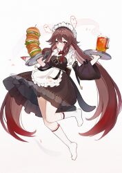 Rule 34 | 1girl, absurdres, alternate costume, apron, black dress, black sleeves, blush, boo tao (genshin impact), brown hair, burger, commentary, cup, detached collar, detached sleeves, dress, drink, english commentary, enmaided, flower-shaped pupils, food, frilled apron, frills, fruit, full body, genshin impact, gradient hair, grin, highres, holding, holding plate, hu tao (genshin impact), ice, ice cube, koahri, lemon, lemon slice, long hair, looking at viewer, maid, maid apron, maid headdress, mug, multicolored hair, no shoes, plate, red eyes, red hair, smile, socks, solo, symbol-shaped pupils, very long hair, white apron, white background, white headdress, white socks, wide sleeves