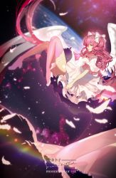 Rule 34 | 1girl, absurdres, angel wings, ankle wings, arm at side, bow, chinese commentary, commentary request, curly hair, dress, earth (planet), falling feathers, feathered wings, feathers, film grain, floating, from side, full body, glowing, hair bow, highres, kaname madoka, knees up, kong tiao bo zi, layered sleeves, long hair, looking ahead, mahou shoujo madoka magica, mahou shoujo madoka magica (anime), open mouth, pink hair, pink thighhighs, planet, shoes, short sleeves, solo, space, space print, starry sky print, thighhighs, two-sided fabric, two side up, ultimate madoka, very long hair, white bow, white dress, white footwear, wings, yellow eyes