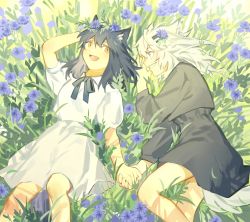 Rule 34 | 2girls, :d, aged down, animal ears, arknights, black dress, black hair, black ribbon, blue eyes, blush, day, dress, flower, grass, hair flower, hair ornament, highres, holding hands, lappland (arknights), long hair, long sleeves, lying, multiple girls, neck ribbon, on back, on grass, on side, open mouth, outdoors, parted lips, purple flower, ribbon, short sleeves, smile, tail, texas (arknights), white dress, white hair, wolf ears, wolf girl, wolf tail, yanfenguo gao, yellow eyes