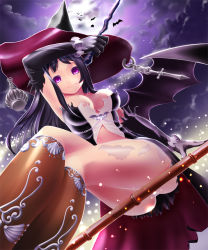 Rule 34 | 1girl, bad id, bad pixiv id, bat (animal), black hair, boots, breasts, broom, broom riding, cleavage, cloud, elbow gloves, from below, gloves, halloween, hat, large breasts, light particles, long hair, looking at viewer, midriff, original, purple eyes, rin2008, sidesaddle, sky, smile, solo, witch, witch hat