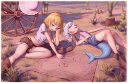 Rule 34 | 2girls, absurdres, bingwei huang, blonde hair, blue eyes, blue hair, blue shorts, boots, border, breasts, brown footwear, cactus, commentary, cowboy, cowboy boots, cowboy hat, cowboy western, denim, denim shorts, english commentary, female focus, fins, fish tail, gawr gura, grass, hand in own hair, hat, high collar, highres, hololive, hololive english, looking at another, looking at object, map, medium breasts, medium hair, multicolored hair, multiple girls, on ground, open mouth, outdoors, panty straps, pink shirt, pointing, shark girl, shark tail, sharp teeth, shirt, shorts, sleeveless, sleeveless shirt, small breasts, smile, streaked hair, suspenders, tail, teeth, thighs, virtual youtuber, watson amelia, western, wheel, white border, white hair, white shirt