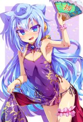 Rule 34 | 10s, 1boy, absurdres, armpits, black panties, blue eyes, blue hair, blush, chinese clothes, cleavage cutout, clothing cutout, covered navel, hand fan, fang, hacka doll, hacka doll 3, highres, bridal garter, long hair, looking at viewer, male focus, open mouth, panties, side-tie panties, solo, toraishi 666, trap, underwear, wavy mouth, wrist cuffs