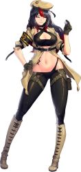 Rule 34 | 1girl, a-15 salamander, beret, black hair, boots, breasts, cleavage, cleavage cutout, clothing cutout, coat, dice, closed eyes, full body, game cg, grin, hat, highres, last origin, long hair, lowleg, lowleg pants, mar10, multicolored hair, official art, pants, red hair, smile, solo, streaked hair, tachi-e, transparent background, two-tone hair