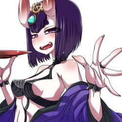 Rule 34 | 1girl, bare shoulders, bob cut, breasts, bridal gauntlets, collarbone, cup, eyeliner, fangs, fate/grand order, fate (series), hanya (hanya yashiki), headpiece, highres, horns, japanese clothes, kimono, long sleeves, looking at viewer, makeup, off shoulder, oni, open clothes, open kimono, open mouth, purple eyes, purple hair, purple kimono, revealing clothes, sakazuki, short eyebrows, short hair, shuten douji (fate), skin-covered horns, small breasts, smile, wide sleeves