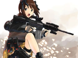 Rule 34 | 1girl, amami haruka, assault rifle, bow, call of duty, call of duty: modern warfare 2, elbow pads, fingerless gloves, ganzyu i, gloves, gun, holster, idolmaster, idolmaster (classic), m4 carbine, military operator, rifle, scope, solo, thigh holster, trigger discipline, vertical forward grip, weapon