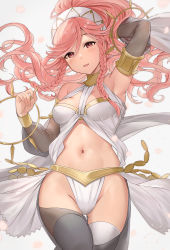Rule 34 | 1girl, armpits, ballerina, bare shoulders, blush, braid, breasts, fire emblem, fire emblem awakening, hair ornament, haru (nakajou-28), highleg, highres, lips, long hair, looking at viewer, medium breasts, navel, nintendo, o-ring, olivia (fire emblem), open mouth, pink hair, revealing clothes, see-through, simple background, sleeveless, smile, solo, stomach, thighhighs, white background
