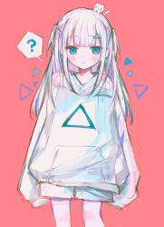 Rule 34 | 1girl, :&lt;, ?, animal, animal on head, arms at sides, blue eyes, blunt bangs, blush, cat, closed mouth, cowboy shot, dot nose, highres, hood, hood down, hoodie, irodori warabi, legs apart, long hair, long sleeves, looking at viewer, on head, original, pink background, shorts, sidelocks, simple background, sleeves past fingers, sleeves past wrists, solo, spoken question mark, two side up, white hair, white hoodie, white shorts