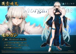 Rule 34 | 1girl, blue dress, blue eyes, breasts, china dress, chinese clothes, cleavage, cleavage cutout, clothing cutout, dress, fate/grand order, fate (series), full body, fur trim, hair ribbon, high heels, highres, large breasts, long hair, looking at viewer, morgan le fay (fate), ponytail, ribbon, shibao aoyama, smile, solo, thigh strap, white hair, wide sleeves