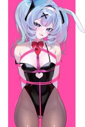 Rule 34 | 1girl, :p, absurdres, animal ears, artist name, black leotard, black ribbon, blue eyes, blue hair, bow, bowtie, breasts, clothing cutout, collar, detached collar, drill hair, drill sidelocks, fake animal ears, hair ornament, hair ribbon, hairband, hatsune miku, heart, heart-shaped pupils, heart cutout, highres, leotard, long hair, pantyhose, pink background, rabbit ears, rabbit hole (vocaloid), raituna, red bow, red bowtie, red pupils, ribbon, shibari, sidelocks, small breasts, solo, strap slip, symbol-shaped pupils, teardrop facial mark, tongue, tongue out, twintails, white collar, white hairband, x hair ornament
