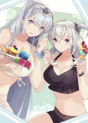 Rule 34 | 2girls, bare arms, bare legs, bare shoulders, bikini, black bikini, blue scrunchie, blueberry, blush, breasts, cherry, cleavage, closed mouth, collarbone, cup, double scoop, drink, drinking glass, flower, food, fruit, fuyutsuki (kancolle), grey eyes, hair between eyes, headband, highres, holding, holding food, ice cream, kantai collection, large breasts, long hair, multiple girls, navel, one side up, open mouth, orange (fruit), pink flower, pudding, scrunchie, shakemi (sake mgmgmg), smile, suzutsuki (kancolle), swimsuit, white bikini, white hair, white headband, wrist scrunchie