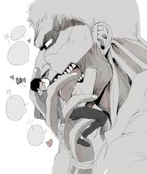 Rule 34 | 2boys, armored titan, bertolt hoover, blush, breath, brown hair, carrying, carrying person, from side, full body, giant, giant male, greyscale, heart, licking, male focus, monochrome, multiple boys, nene (10575936), reiner braun, saliva, shingeki no kyojin, short hair, size difference, spoilers, spot color, titan (shingeki no kyojin), tongue, tongue out