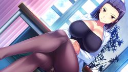 Rule 34 | 1girl, amakura, black hair, blush, breasts, brown eyes, brown pantyhose, crossed legs, crotch seam, dutch angle, game cg, highres, huge breasts, impossible clothes, interlocked fingers, lab coat, legs, looking at viewer, momose chisato, own hands clasped, own hands together, panties, panties under pantyhose, pantyhose, pantyshot, shirt, short hair, sitting, smile, solo, taut clothes, taut shirt, topknot, umisora no fragments, underwear