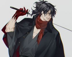 Rule 34 | 1boy, black hair, blood, blood on hands, fate/grand order, fate/type redline, fate (series), grey background, hair over one eye, holding, holding sword, holding weapon, japanese clothes, katana, kiki (re 6xxx), kimono, koha-ace, long hair, long sleeves, looking at viewer, male focus, muscular, muscular male, okada izou (fate), ponytail, scarf, smile, solo, sword, toned, toned male, type-moon, weapon, yellow eyes