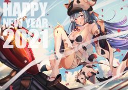 Rule 34 | 1girl, 2021, absurdres, animal ears, animal print, bicycle, blue hair, blue sky, bow, breasts, catura (granblue fantasy), cleavage, cloud, cloudy sky, cow, cow ears, cow girl, cow hat, cow hood, cow horns, cow print, cow tail, day, detached sleeves, draph, ear piercing, granblue fantasy, happy new year, highres, horns, huge filesize, large breasts, long hair, looking at viewer, micro shorts, mr2d, new year, open mouth, outdoors, piercing, pink eyes, purple bow, see-through, shoes, shorts, sky, solo, tail, tail bow, tail ornament, thighhighs, watermark