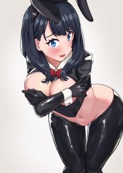 Rule 34 | animal ears, arigiep, arms covering breasts, ass, bent over, black hair, blue eyes, blush, bodysuit, bow, bowtie, breasts, embarrassed, fake animal ears, gloves, grey background, gridman universe, highres, huge breasts, latex, latex bodysuit, latex gloves, latex legwear, latex suit, leotard, long hair, looking at viewer, open mouth, playboy bunny, rabbit ears, rabbit tail, shiny skin, ssss.gridman, sweatdrop, tail, takarada rikka, thick thighs, thighhighs, thighs