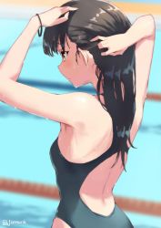 Rule 34 | 1girl, arms up, black hair, blurry, blurry background, brown eyes, competition swimsuit, jonsun, long hair, one-piece swimsuit, original, pool, rubber band, solo, swimsuit, twitter username, wet