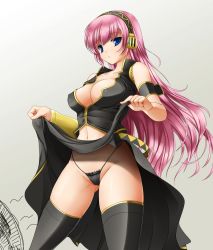Rule 34 | 1girl, armband, ashita yaru, bare shoulders, belt, black panties, black skirt, black thighhighs, blue eyes, breasts, cleavage, clothes lift, collarbone, covered erect nipples, detached sleeves, electric fan, fanning crotch, female focus, g-string, headphones, large breasts, legs, long hair, long skirt, looking at viewer, megurine luka, navel, neck, open clothes, panties, parted lips, pink hair, skirt, skirt lift, sleeveless, solo, standing, thighhighs, thighs, thong, underwear, upskirt, vocaloid