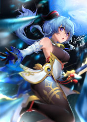 Rule 34 | 1girl, armpits, ass, bell, black bodysuit, black gloves, blue hair, blurry, bodysuit, bow (weapon), breasts, commentary request, dated, depth of field, detached sleeves, from side, ganyu (genshin impact), genshin impact, gloves, hair between eyes, holding, holding bow (weapon), holding weapon, horns, long hair, looking at viewer, looking to the side, medium breasts, neck bell, parted lips, purple eyes, sidelocks, signature, solo, vision (genshin impact), weapon, wide sleeves, xiaoyu