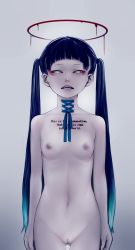 Rule 34 | 1girl, absurdres, arms at sides, bags under eyes, black hair, blood, blue hair, breasts, cleft of venus, corset piercing, cowboy shot, english text, female focus, green eyes, halo, highres, nipples, nude, open mouth, original, pale skin, petite, pussy, shibata ico, small breasts, solo, tattoo, teeth, thigh gap, uncensored