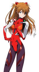 Rule 34 | 1girl, blue eyes, bodysuit, breasts, brown hair, evangelion: 3.0 you can (not) redo, eyepatch, hair over one eye, hand on own hip, highres, interface headset, long hair, marco albiero, medium breasts, multicolored bodysuit, multicolored clothes, neon genesis evangelion, plugsuit, rebuild of evangelion, signature, skin tight, white background