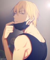 Rule 34 | 1boy, bare shoulders, black shirt, blonde hair, commentary request, earrings, from side, glint, gradient background, grey background, hair between eyes, hand up, jewelry, kise ryouta, kuroko no basuke, looking at viewer, male focus, mashima shima, mask, mask pull, mouth mask, parted lips, pulled by self, shirt, short hair, simple background, sleeveless, sleeveless shirt, solo, surgical mask, toned, toned male, twitter username, upper body, yellow eyes