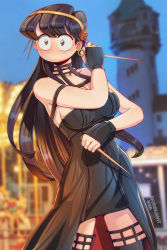 Rule 34 | 1girl, artist name, arwald, bare shoulders, black dress, black gloves, black hair, black thighhighs, breasts, brown eyes, collarbone, commentary, cosplay, day, dress, english commentary, fingerless gloves, gloves, highres, holding, komi-san wa komyushou desu, komi shouko, long hair, looking at viewer, medium breasts, no mouth, outdoors, season connection, solo, spy x family, thighhighs, two-sided dress, two-sided fabric, very long hair, weapon, yor briar, yor briar (cosplay)