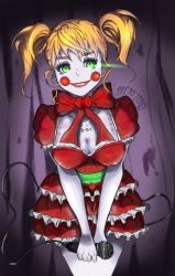 Rule 34 | 1girl, circus baby (fnaf), blush stickers, bow, bowtie, breasts, five nights at freddy&#039;s, five nights at freddy&#039;s: sister location, green eyes, holding, holding microphone, looking at viewer, mechanical parts, microphone, orange hair, robot, short hair, skirt, smile, solo, twintails