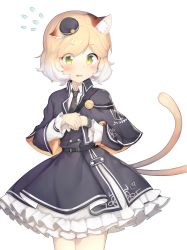 Rule 34 | 1girl, absurdres, animal ears, arknights, bad id, bad pixiv id, black hat, black necktie, blonde hair, blush, cat ears, cat girl, cat tail, cowboy shot, embarrassed, gloves, green eyes, hat, highres, infection monitor (arknights), long sleeves, mousse (arknights), multicolored hair, multiple tails, n3moni, necktie, open mouth, simple background, skirt, solo, sweatdrop, tail, white background, white hair