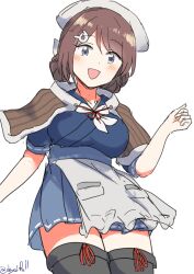Rule 34 | 1girl, absurdres, apron, blue serafuku, blue skirt, braid, braided hair rings, breasts, brown hair, brown shawl, chougei (kancolle), cowboy shot, grey eyes, grey thighhighs, hair ornament, hair rings, headgear, highres, kantai collection, large breasts, long hair, neckerchief, one-hour drawing challenge, open mouth, pleated skirt, robinson (day l full), school uniform, serafuku, shawl, short sleeves, simple background, skirt, smile, solo, thighhighs, twin braids, waist apron, whale hair ornament, white apron, white background, white neckerchief
