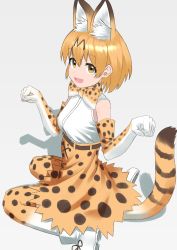 Rule 34 | 10s, 1girl, :d, animal ears, bare shoulders, boots, bow, bowtie, breasts, brown eyes, commentary, elbow gloves, from side, full body, gloves, grey background, high-waist skirt, highres, kemono friends, looking at viewer, looking up, medium breasts, open mouth, orange hair, paw pose, serval (kemono friends), serval print, serval tail, shadow, shirt, short hair, simple background, sitting, skirt, sleeveless, sleeveless shirt, smile, solo, striped tail, tail, wariza, wasabi60, white footwear, white shirt