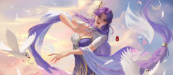 Rule 34 | 1girl, absurdres, bird, braid, butterfly hair ornament, cleavage cutout, closed mouth, clothing cutout, cloud, hair ornament, head tilt, highres, light particles, lin zai huo, long hair, looking at viewer, purple hair, second-party source, smile, solo, two-tone dress, upper body, wanmei shijie, yun xi (wanmei shijie)