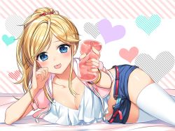 Rule 34 | 1girl, :p, artificial vagina, belt, blonde hair, blue eyes, blush, breasts, cleavage, denim, denim shorts, fellatio gesture, hand to own mouth, heart, holding, jacket, long hair, looking at viewer, lying, medium breasts, midriff, mochiko 1213, on side, open belt, original, panties, pink jacket, ponytail, sex toy, shirt, short shorts, short sleeves, shorts, smile, solo, striped clothes, striped panties, thighhighs, thighs, tongue, tongue out, unbuttoned, underwear, unzipped, white shirt, white thighhighs
