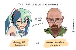Rule 34 | 1boy, 1girl, animification, armpit peek, bald, bandage on face, bandages, blood, blood on face, blue eyes, blue necktie, breaking bad, collared shirt, commentary, english commentary, english text, facial hair, goatee, grey shirt, hair between eyes, hammerings, hatsune miku, headphones, highres, necktie, one eye closed, shirt, sleeveless, sleeveless shirt, smile, twintails, twitter username, vocaloid, walter white